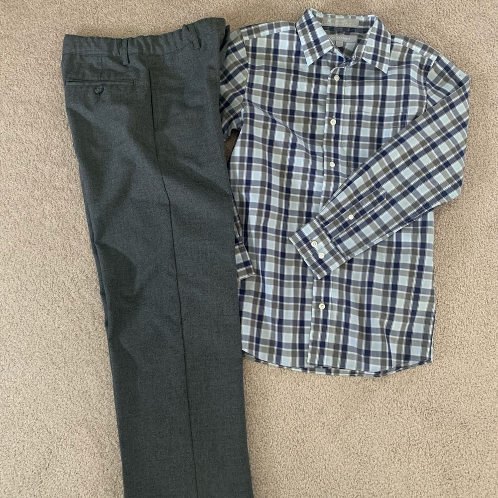 Boys Blue Plaid button down, grey dress pants